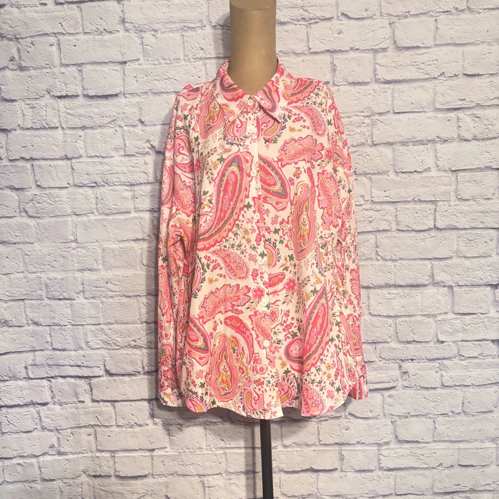 Women’s Pink Paisley Print Button Front Blouse XL Lightweight Long Sleeve